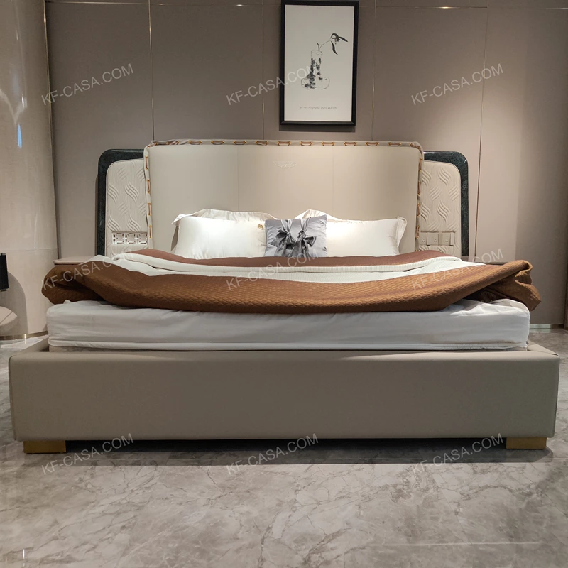 Light Beige Leather Upholstered Bed with Wave Quilting, Green Marble Accents & Gold Stainless Steel Hardware